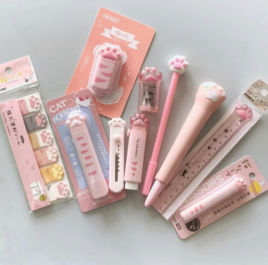 10 Items/Lot Adorable Cat Paw Stationery Set || Kawaii Gel Pen, Pencil Sharpener, Correction Tape, Scissors, Memo Pad, Eraser, Ruler