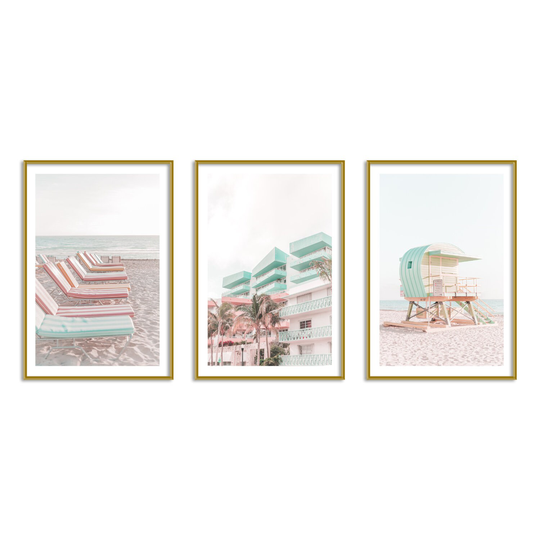 Miami Beach 3 Piece Wall Art Colorful Gallery Set Pink & Green Decor Artwork