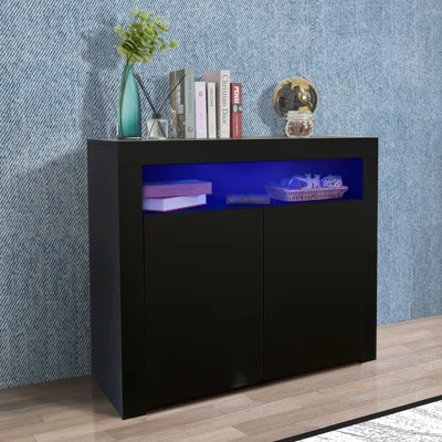 Living Room Sideboard Storage Cabinet Black High Gloss With LED Light, Modern Kitchen Unit Cupboard Buffet Wooden Storage Display Cabinet TV Stand Wit