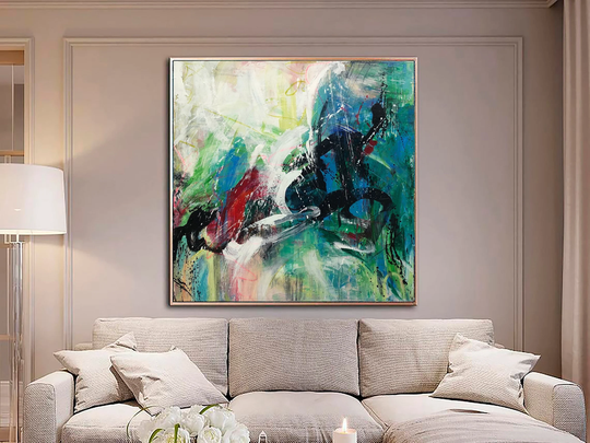 Large Original Abstract Colorful Paintings On Canvas Modern Oil Painting in Green, Blue, Black & White Colors Stand With Ukraine