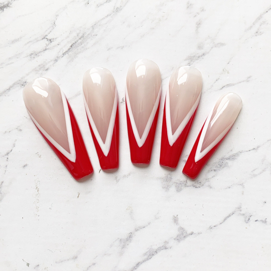 Reusable Red V French Tips With White Outline Christmas Winter Press On Nails