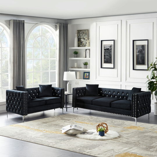2 Piece Modern Velvet Sofa Set Sofa and Loveseat with 4 Pillows Included