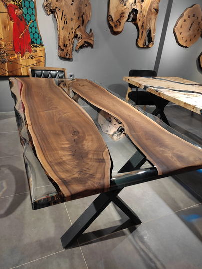 Custom To Order | Clear Epoxy Table Top Natural Rectangle Modern Dining Live Edge Free Shipping