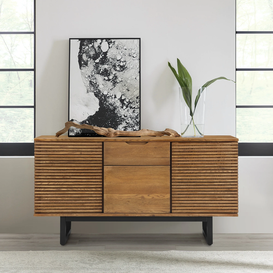 Aldo Brown Oak Sideboard Buffet Cabinet in Brown Oak Wood with Black Metal Legs