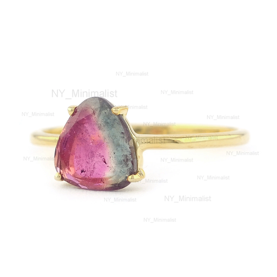 Natural Bi Color Watermelon Tourmaline Gemstone Solitaire Ring Solid 14K Yellow Gold Engagement Unique Ny Minimalist Jewelry