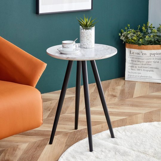 Modern MinimalismWhite Faux Marble End Table Side Table Small Accent Coffee Table with Black Metal Legs