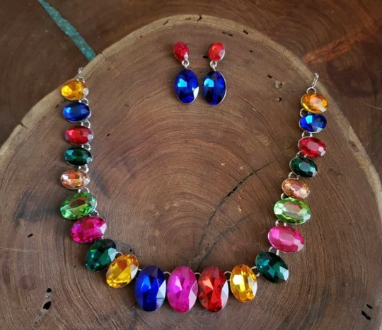 Multi Color Rhinestone Necklace & Earrings Set, Colorful Crystal