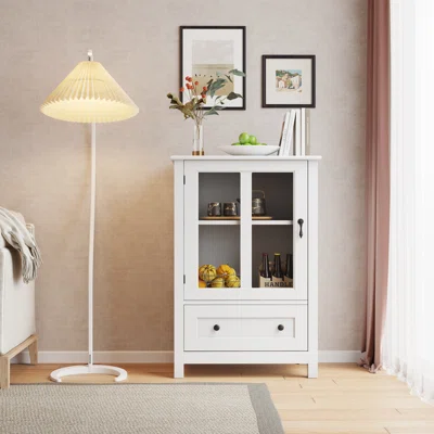 White Buffet Storage Cabinet With Single Glass Doors And Unique Bell Handle,Sideboard