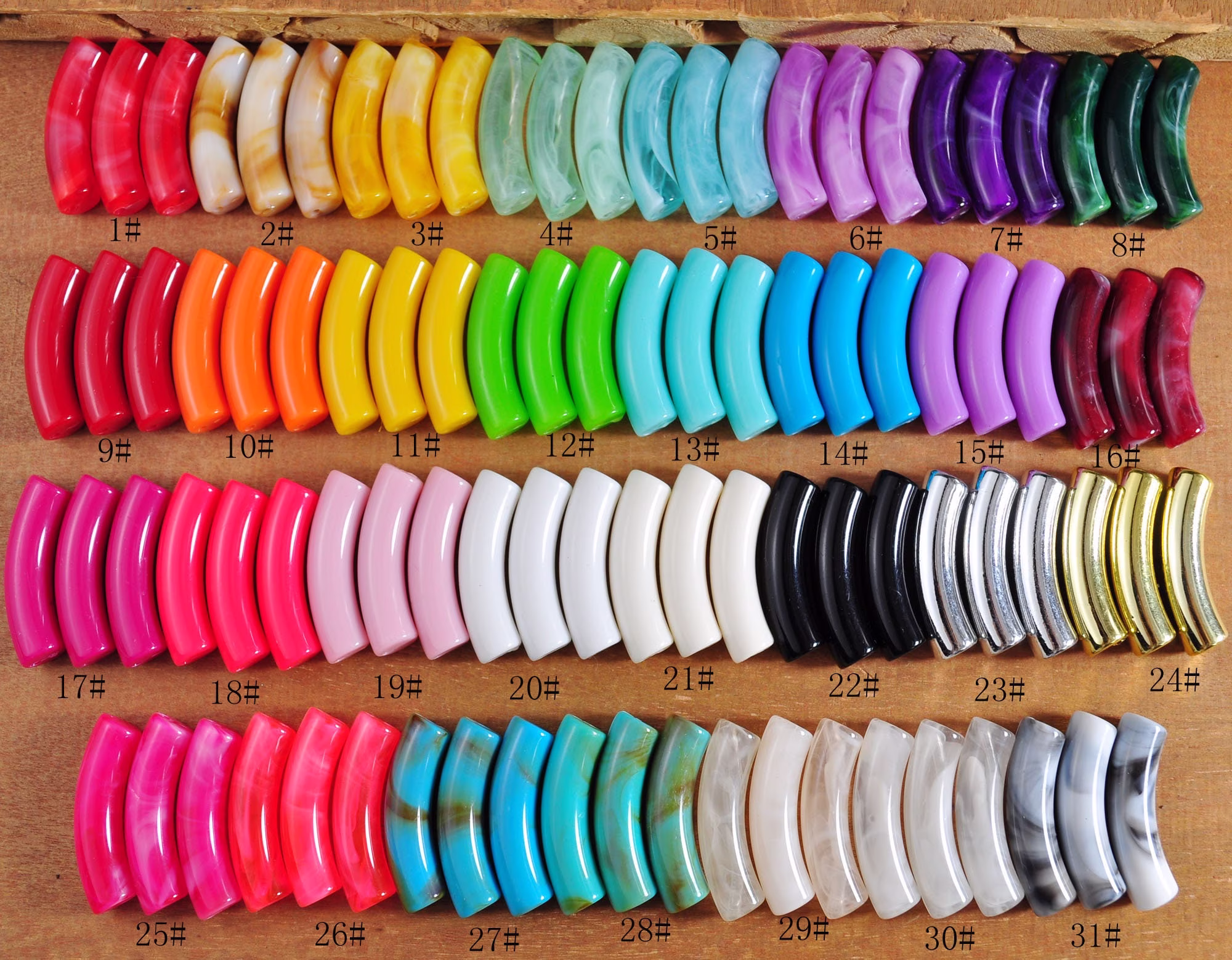 31 Colors, 8mm Skinny Marbled Colorful Acrylic Tube Beads, Bamboo Beads,6Pcs-90Pcs Curved Beads, Beads For Bangle Bracelet Making, 32x8mm