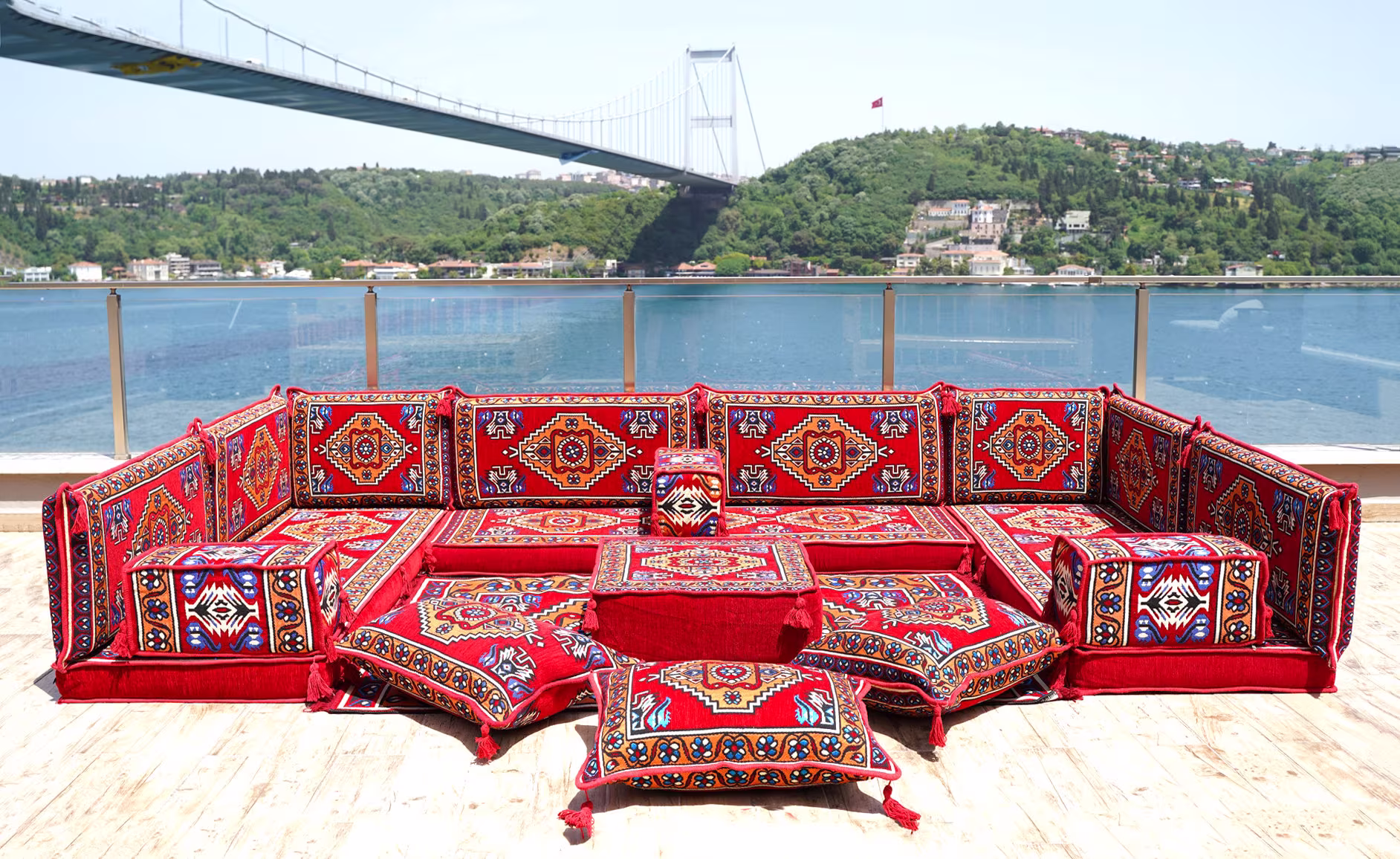 Traditional U Shaped Floor Seating Couch, Red Arabic Majlis, Sofa, Loveseat, Ethnic Jalsah, Moroccan Sectional Sofa