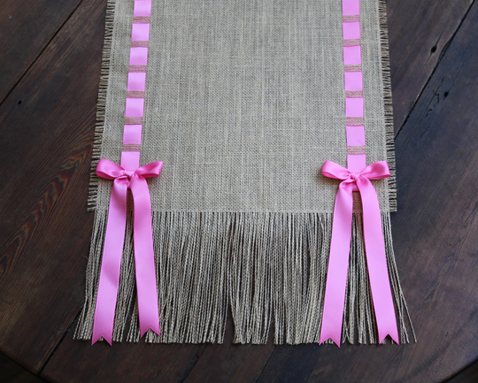 Premium Natural Fringed Burlap Table Runner With Bright Pink Satin Ribbon