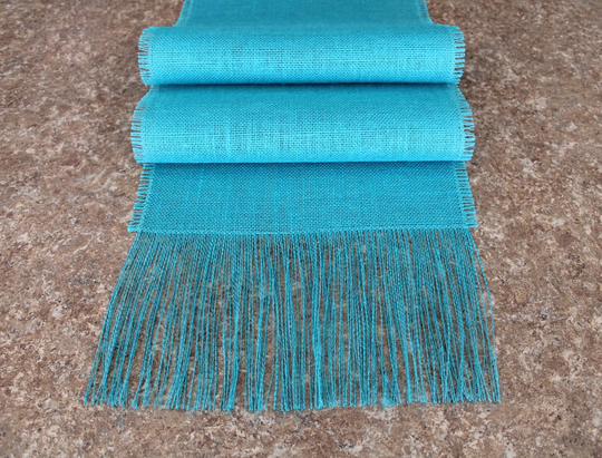 Caribbean Blue Burlap Table Runner With 6 Inch Fringe