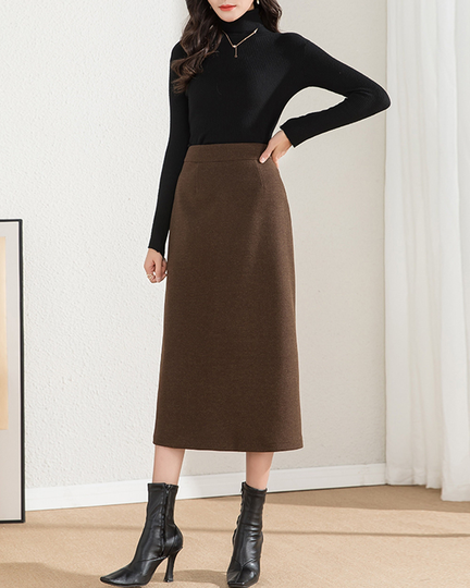 Pencil Skirt, Slit Winter Midi Wool High Waist Brown Skirt Q0082