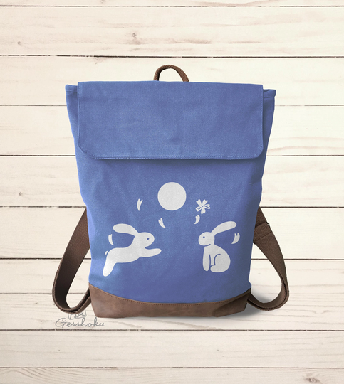 Japanese Rabbits Backpack - Moon Gazing Bunnies Asian Print Canvas Rucksack Medium Size Laptop Bag