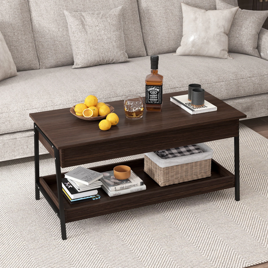 Lift Top Coffee Table with Pop-Up Storage and Metal Frame, Espresso