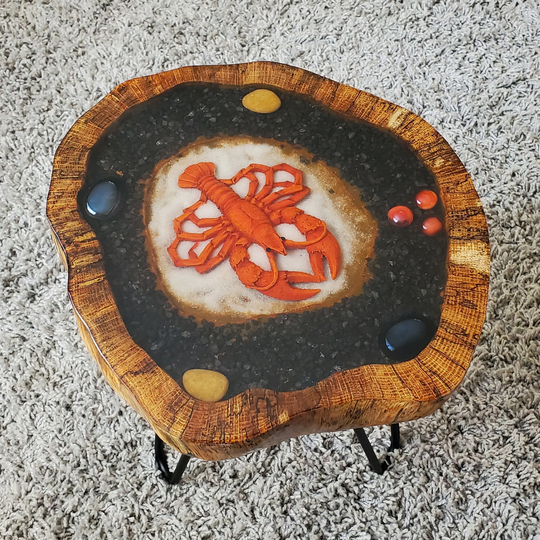 Pebble Decor Epoxy Table, Live End Table/Side Wood Rocks Artwork Tree Slices Rustic Sculpture Nightstand