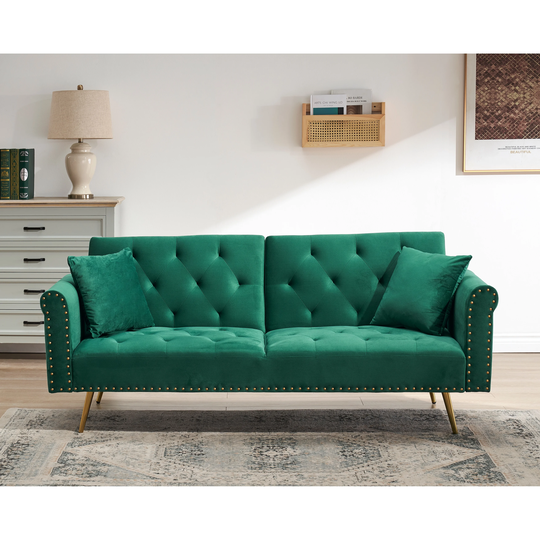 Green Velvet Nail head Sofa Bed Loveseat Sofa with Throw Pillow and Midfoot for Living Room Bedroom