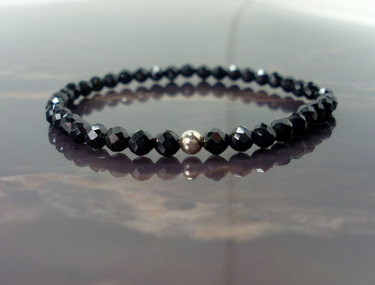Dainty Black Spinel Faceted Bracelet 4mm + Sterling Silver Bead, Natural Gemstone Bracelet, Stretch Beaded For Women Girl +Gift Bag