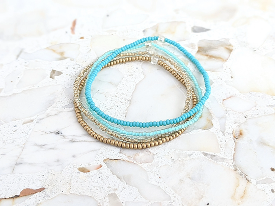 Bracelet Set, Stretch Bracelet, Blue Seed Bead Minimalist Beaded Dainty Small Simple