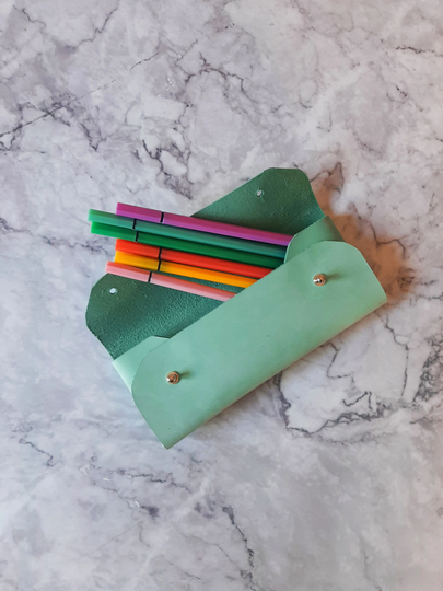 Aqua Green Leather Pen Case/Nubuck Pencil Mint Makeup Bag Christmas Gift
