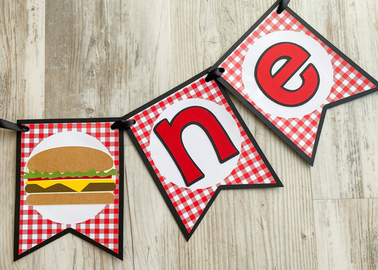 Hamburger One Banner, Bbq High Chair Cheeseburger First Birthday Party Decorations, Red Gingham Cook-Out 1st Decor