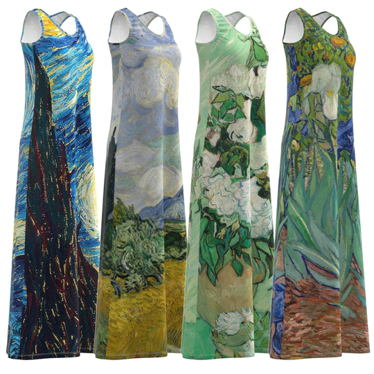 Van Gogh The Starry Night Wheat Field Cypresses Irises Still Life Vase Pink Roses Painting Art Sleeveles Long Maxi Dress