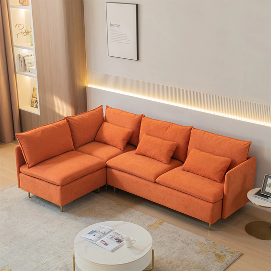 Orange Modular L-shaped sofa Left Hand Sectional Couch Cotton Linen