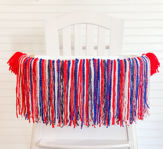 Patriotic Birthday High Chair Yarn Tassel Banner, Cake Smash Backdrop First