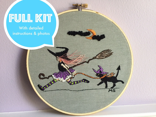 Halloween Full Embroidery Kit, Witch Girl & Kitty, Modern Kit, Diy Craft, Pre Printed Fabric, Decoration