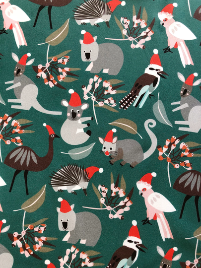 Australian Animals & Birds in Christmas Hats Dk Green Floral Quilting Cotton Fabric By 1/2 Yard Or Fat Quarter, Kangaroo Wombat Koala