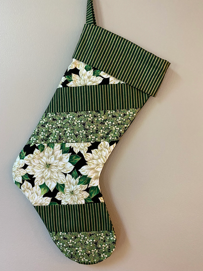 Quilted Christmas Stocking with White Poinsettias & Winter Holly Berries
