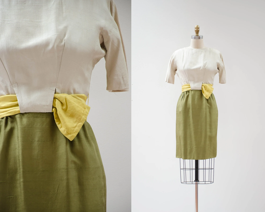 Green Silk Dress | 50S 60S Vintage Dupioni Beige Mustard Yellow Short Fitted Pencil Wiggle