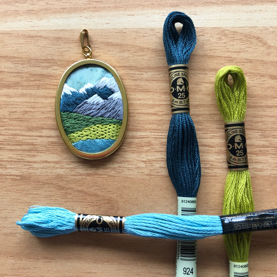 Diy Beginner Embroidery Kit. Pnw Mountain Landscape Pendant. Hand Embroidery. At Home Craft Wearable Jewelry. Embroidered Pendant