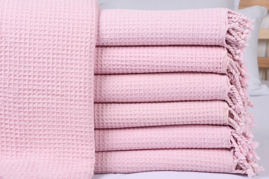 Sofa Blanket, Turkish Bedspread, Waffle Throw, 67x91 Inches Wedding Gift Warm Pink Pilates