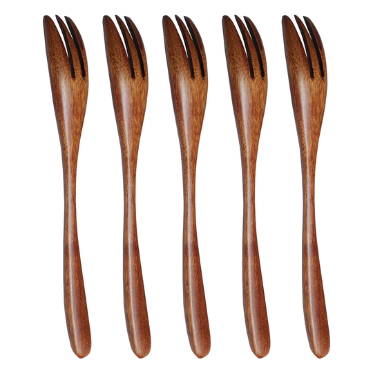 Wooden Forks 5 Pcs Wood Long Handle Fork Tableware Dinnerware - Wood Color - 7.5"x1.1"(L*W)
