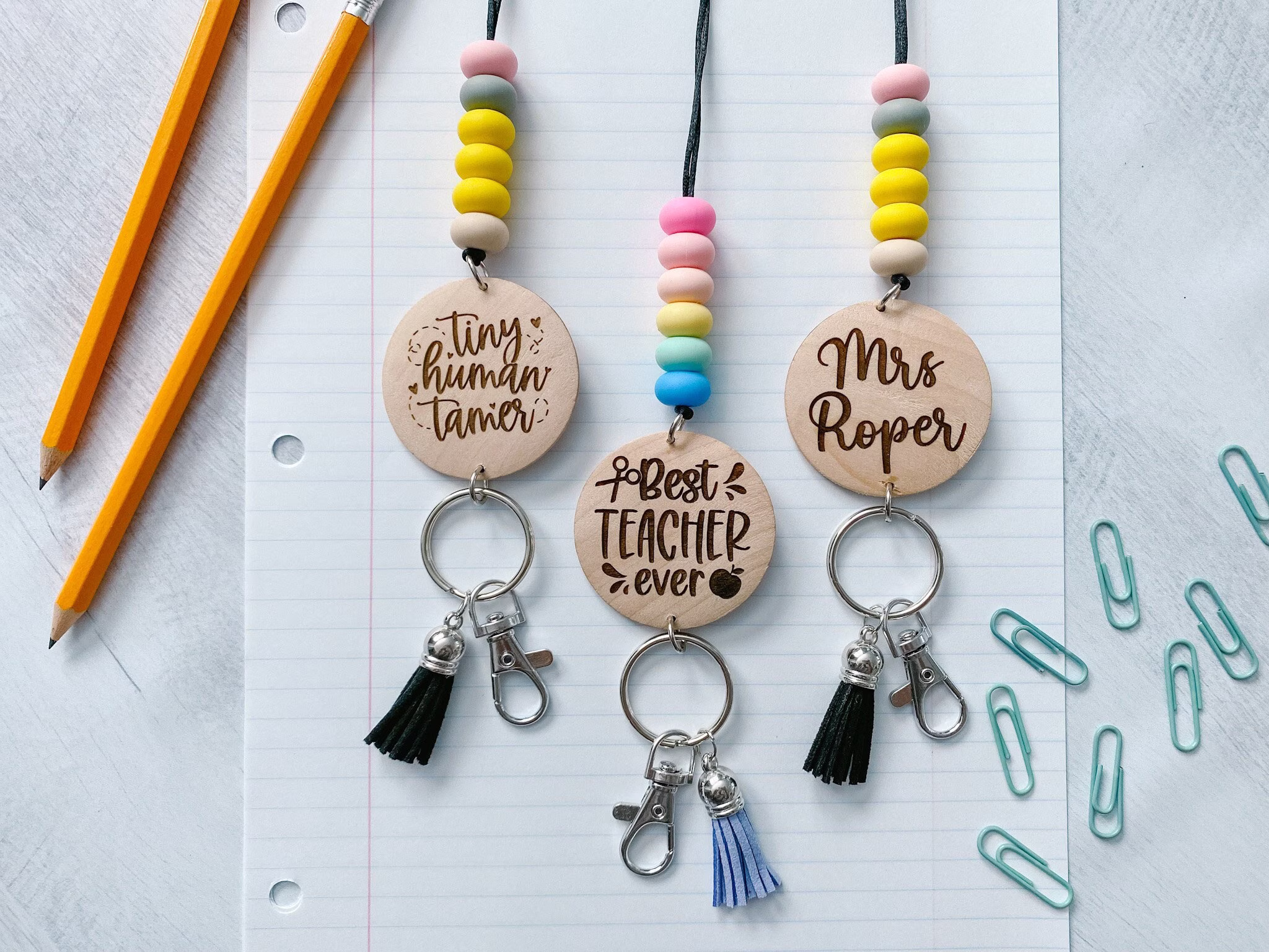 Personalized Teacher Lanyard | Pencil & Rainbow Silicone Bead Wood Disk Engraved Badge School Valentine's Gift