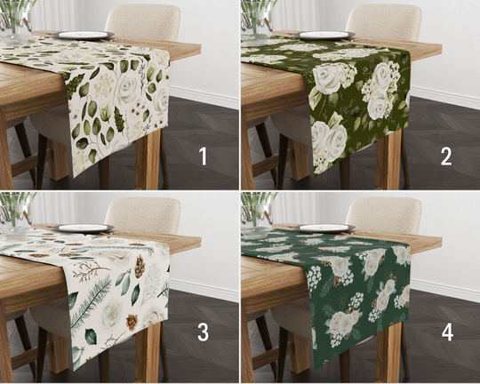 Green & Beige Rose Table Runner, Boho Floral Kitchen Farmhouse Tablecloth, Bohemian Textile, Linens, Gift For Mom