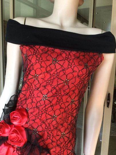 Vtg Bare Shoulder Stretchy Peplum Pencil Black Red Party Cocktail Dress S
