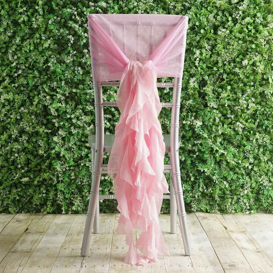 Pink Premium Curly Chiffon Chair Cover Cap With Sashes