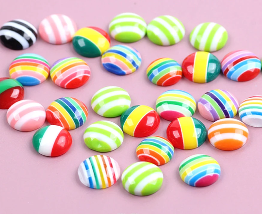50Pcs/Lot Mix Colors 8mm 10mm Round Flat Back Resin Cabochon, Candy Color Stripe Cabochons, Round Cabochons For Diy Jewelry Making