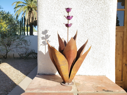 Metal Agave Cactus With Purple Plum Flowers Small 17 Inch/Southwest Desert Metal Sculpture Yard Art Handmade Gift