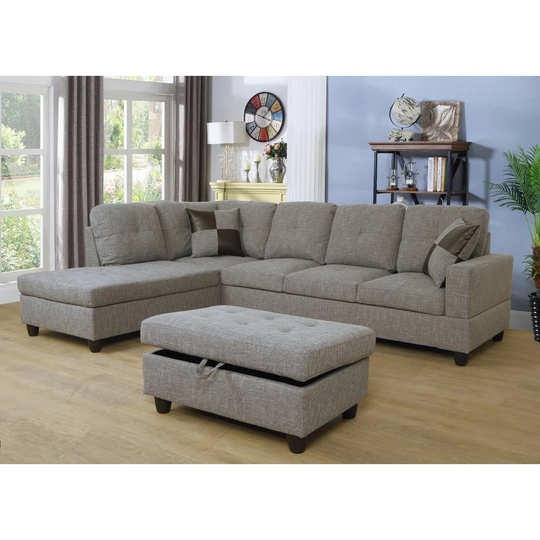 Delon 3 Piece Linen Sectional Sofa Set - Sofa Chaise & Ottoman