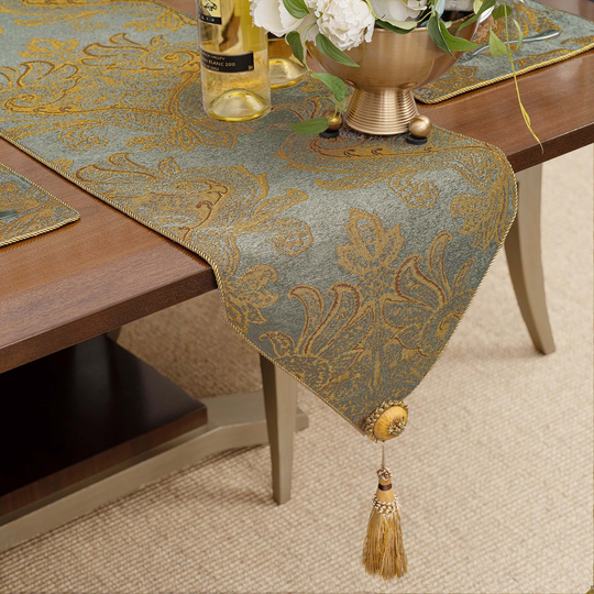 Elizabeth Table Runner- Luxury Damask Runner With Tassels For Christmas Decor - Light Gray Blue 13x72"/90"/108"