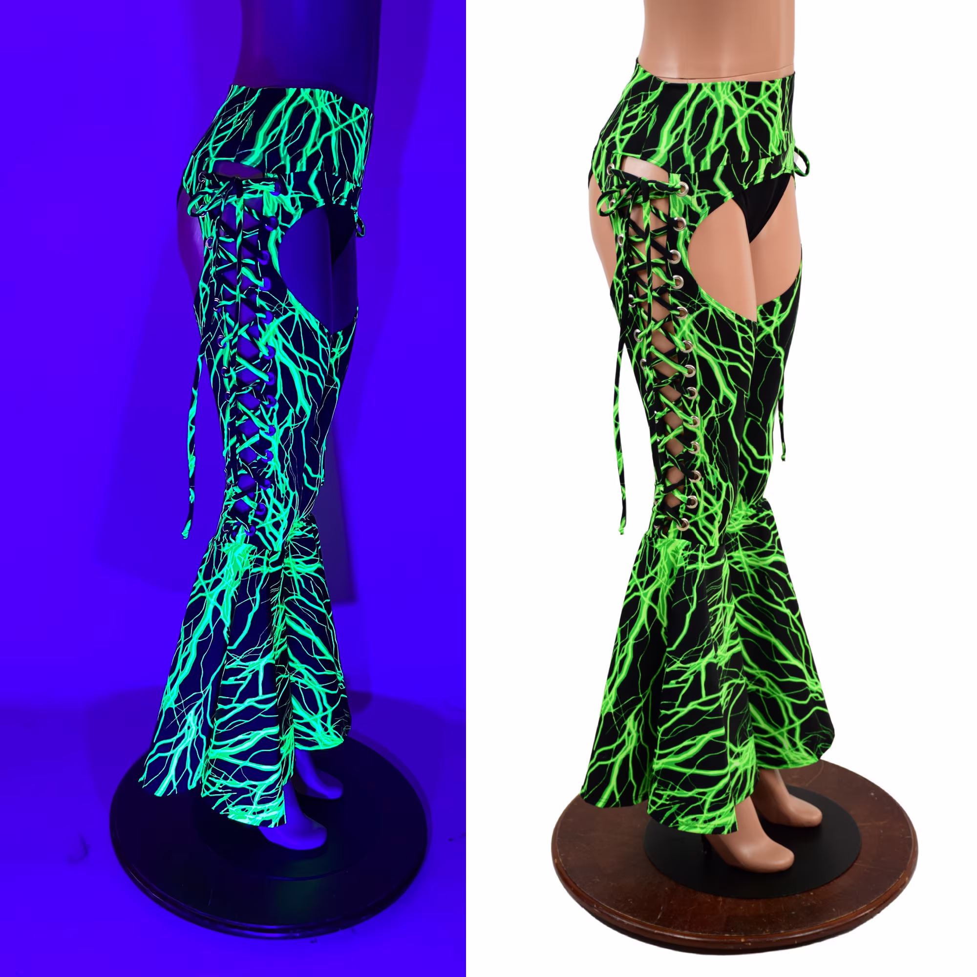 Neon Green Lightning Lace Up Bell Bottom Chaps 157832