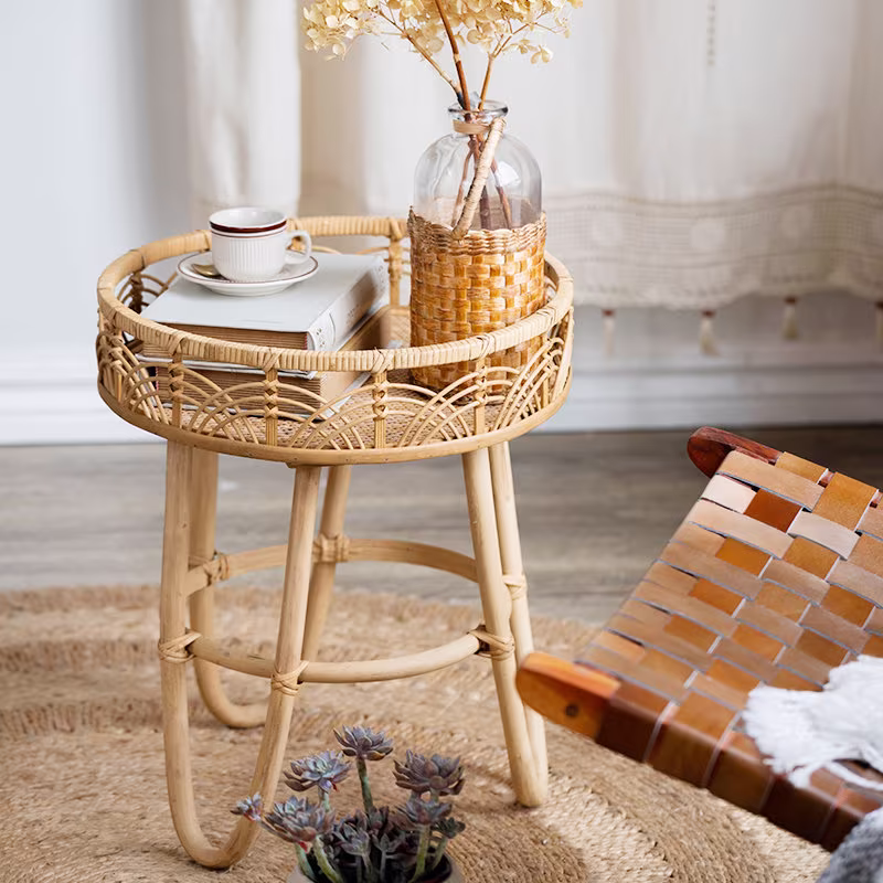 Handmade Round Rattan Coffee Table | Boho Side Movable Natural Side For Sofa Small With Stroage