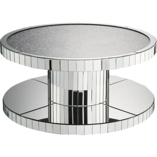 Modern Style Round Mirror Coffee Table with Glass and Faux Stones Top, Silver