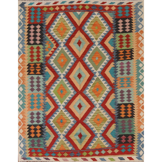 Multi-Color Reversible Kilim Area Rug Hand-woven Wool Carpet - 5'3"x 6'4"