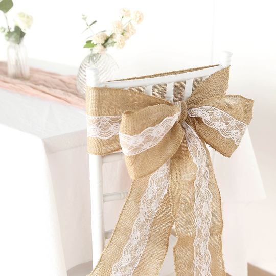 5"x108" | Natural Burlap Lace Chair Sash, Hessian Bow, Rustic Decorations, Wedding Decorations