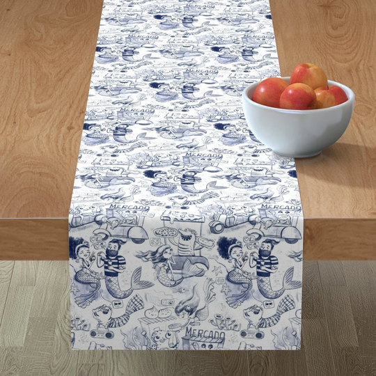 Mermaid Toile Table Runner - Under The Sea By Monika Suska Blue & White Nautical Cotton Sateen Spoonflower