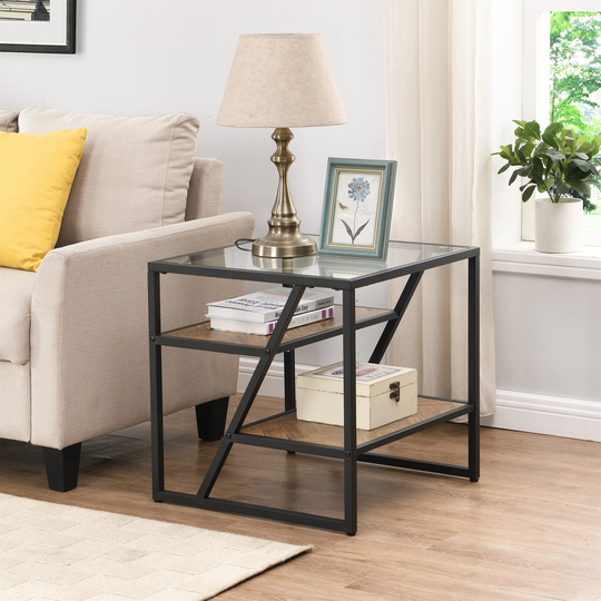 Side Table, End Table with Storage Shelf, Tempered Glass Coffee Table